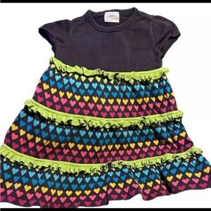 $10 2/15 Hanna Andersson Sweater Dress  Hearts Navy Bodice Ruffle wash wear K3